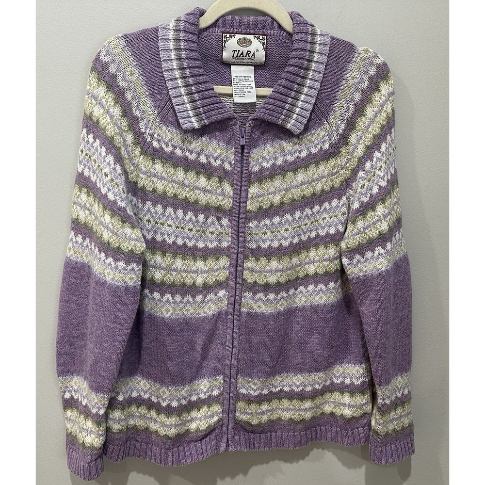 VTG Tiara International Cardigan Sweater Zip Fair Isle Purple Medium Granny